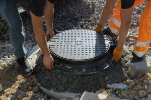 a cast iron sewer hatch is being installed in a concrete well, in preparation for the installation of a water sewer well in the ground.