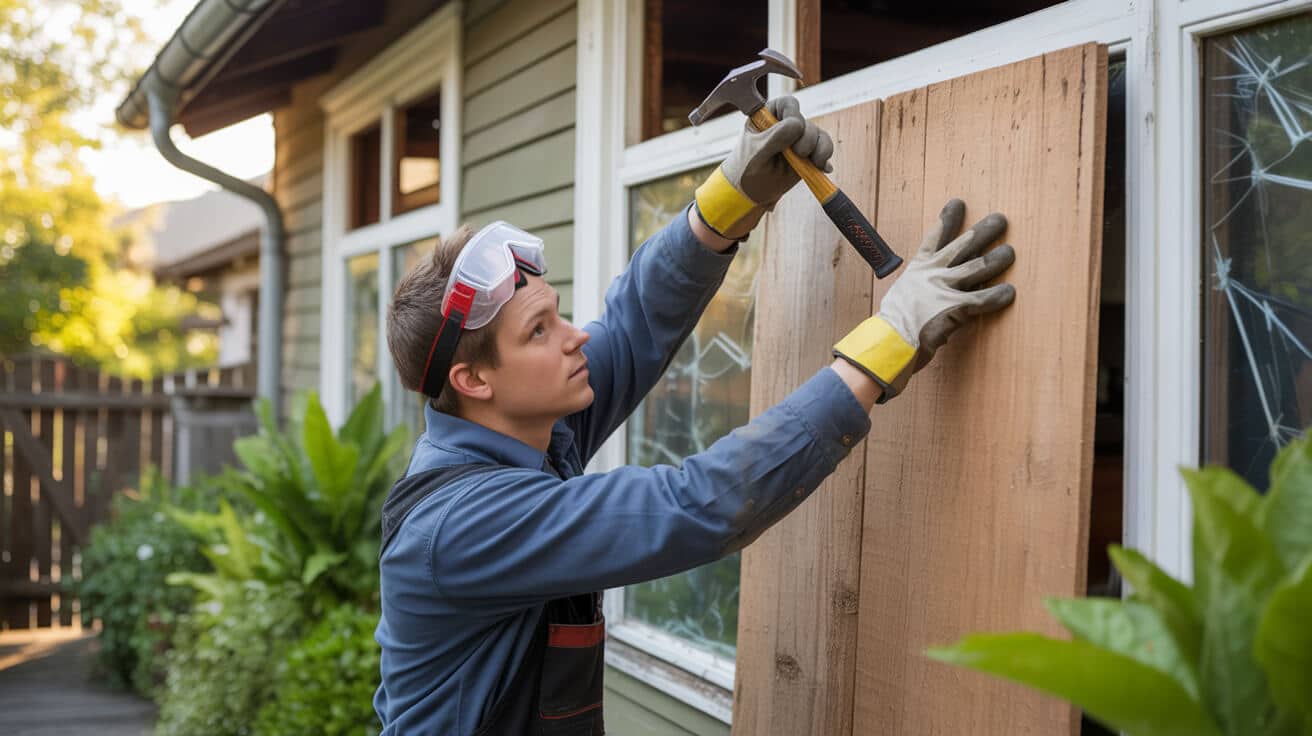 boarding up broken windows for safety